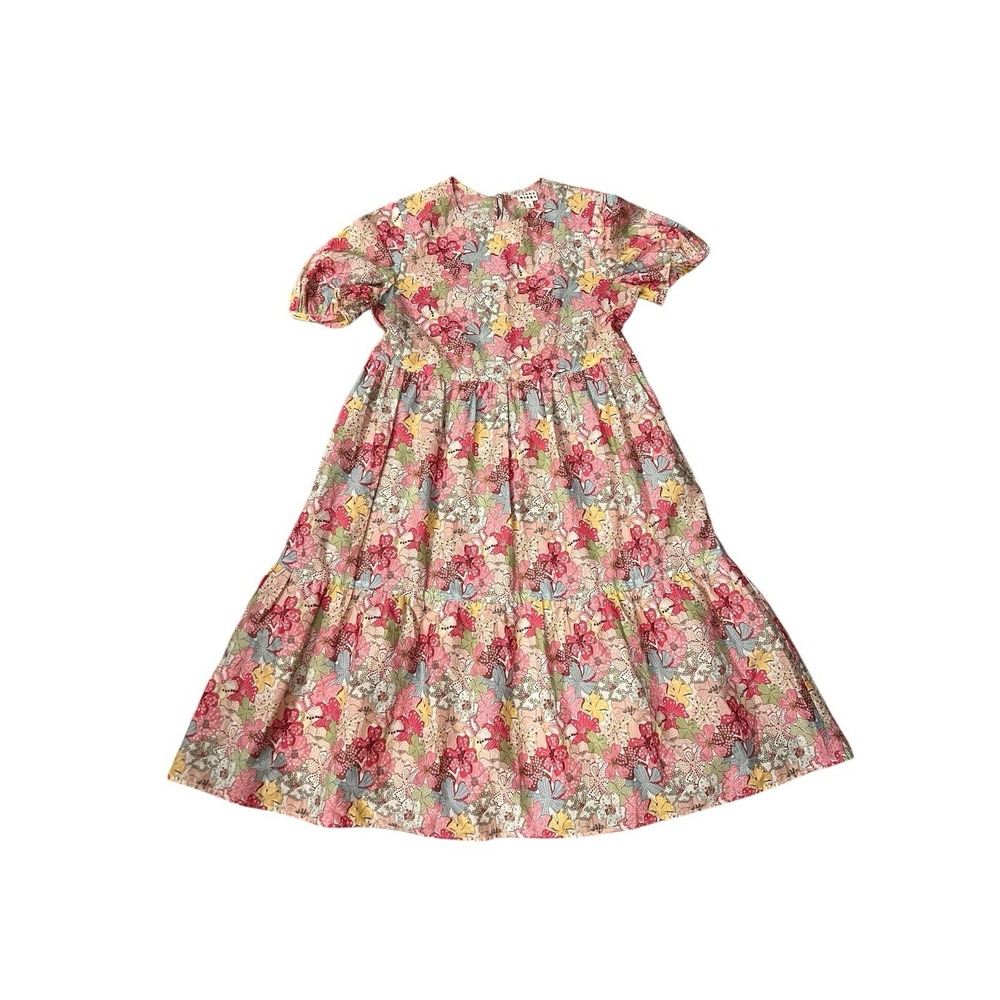 Casey Marks Floral Tiered Midi Dress Womens Size S Pink Multi Short Puff Sleeve‎